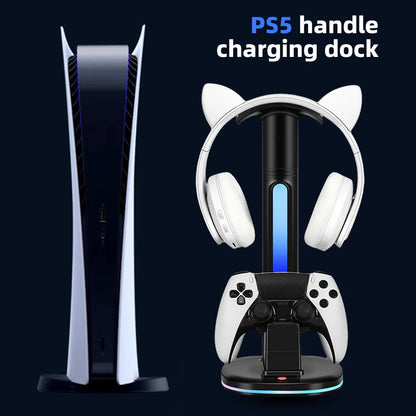 For PS5 Controller Charging Station with Headphone Stand Game Handle Charger Base RGB Light Headset Display Holder For Sony PS5